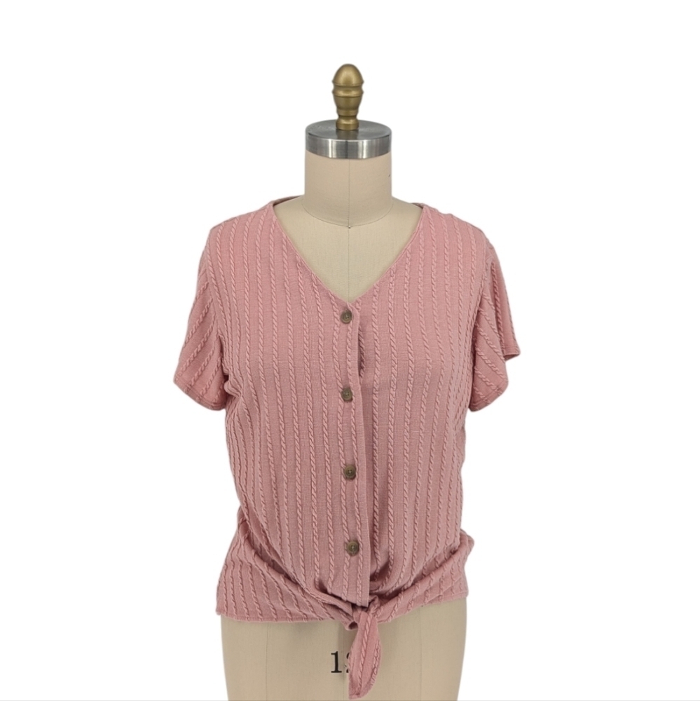 Weatherproof Cable Knit Knot Sweater Top Cardigan Pink L preppy cottagecore